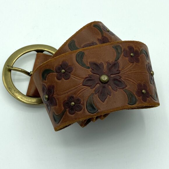Express Womens Tooled Perforated Genuine Leather Belt Studded Floral Large Boho - Picture 2 of 6